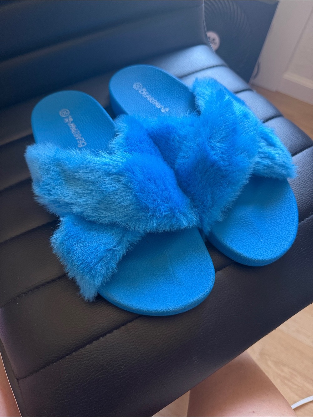 BearPaw Bright Blue Faux-Fur Crossband Slide Slippers for Women